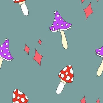 Seamless pattern with magic mushrooms, doodle style flat vector イラスト素材