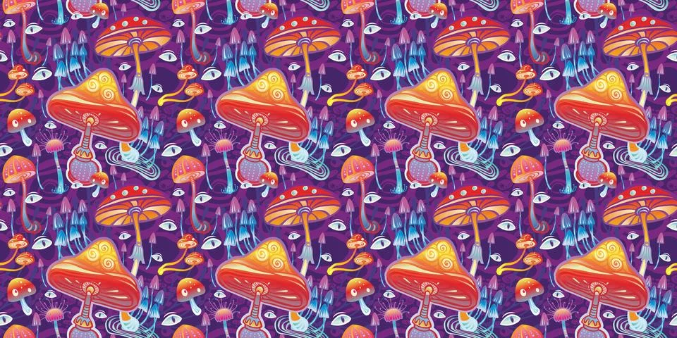 Seamless Pattern with Magic mushrooms, Stock Illustration