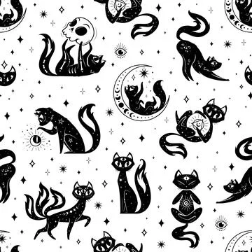 Seamless pattern on magic mystic cats, witchcraft Stock Illustration