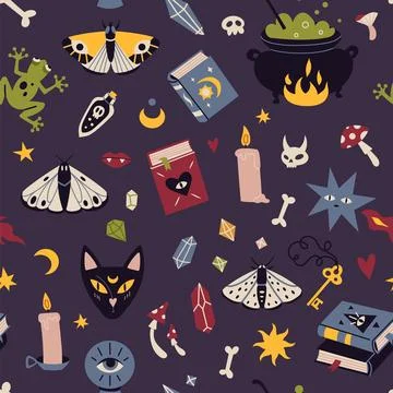 Seamless pattern with magic occult things like witch hat, cat, cauldron, ca.. Stock Illustration