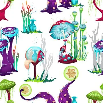 Seamless pattern with magic plants and mushrooms, cartoon vector illustration. Stock Illustration