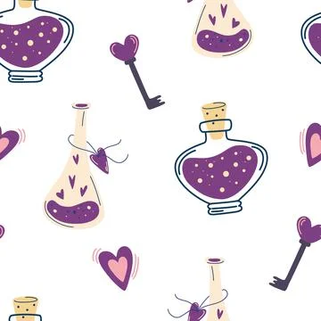 Seamless pattern with magic potion and hearts.  Background with love drink an Illustrazione stock