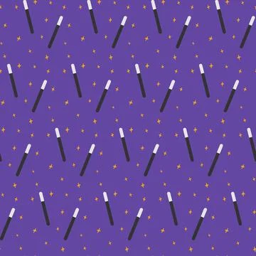 Seamless pattern of magic wand with decorative stars in trendy mystical shades Stock Illustration