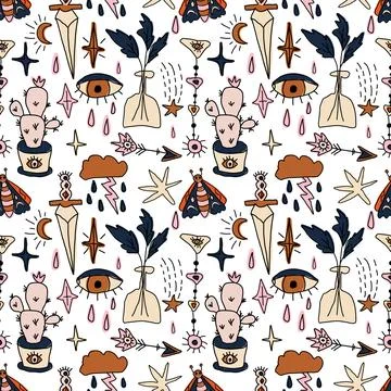 Seamless pattern with magical doodle elements. Woman hands, eyes and moth 库存插图