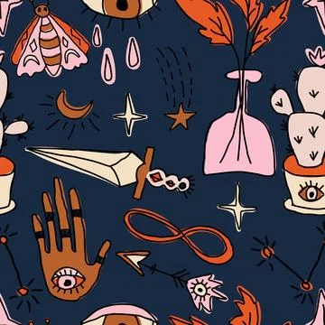 Seamless pattern with magical doodle elements. Woman hands, eyes and moth Stock Illustration