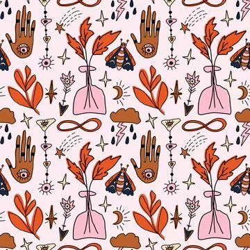 Seamless pattern with magical doodle elements. Woman hands, eyes and moth Stock Illustration