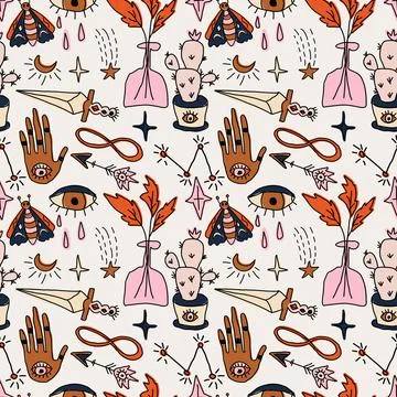 Seamless pattern with magical elements and symbols. Modern trendy vector Illustrazione stock