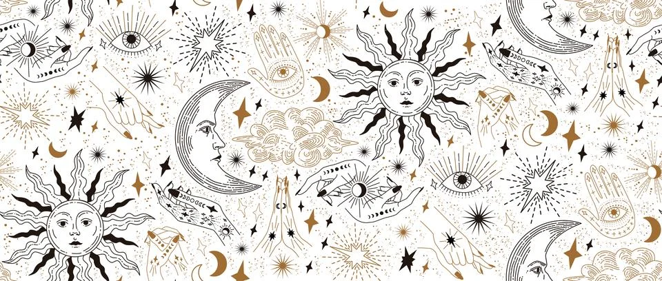 Seamless pattern with magical elements. Set of linear vector illustrations.  스톡 일러스트