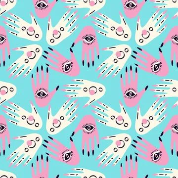 Seamless pattern with Magical mystical symbol hands with eyes Stock Illustration
