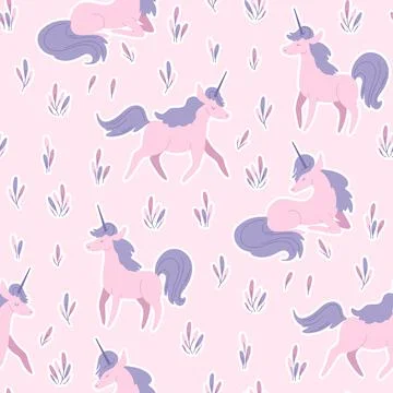 Seamless pattern magical pink unicorns in forest Stock Illustration