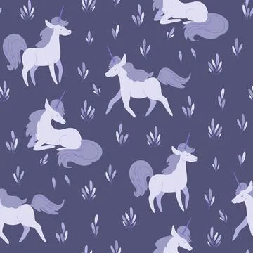 Seamless pattern magical purple unicorns in forest Stock Illustration