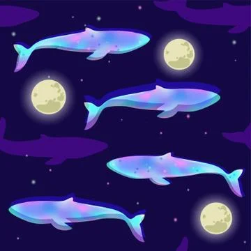 Seamless pattern with magical whale in the night starry sky. Vector illustration Stock Illustration