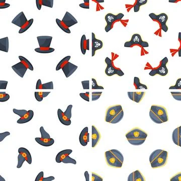 Seamless pattern with magician, pirate, witch and police hats repeating on white Stock Illustration