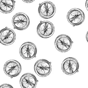 Seamless pattern magnetic compass sketch hand drawn Ilustração Stock