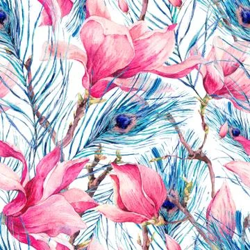 Seamless Pattern with Magnolia and Peacock Feather Stock Illustration