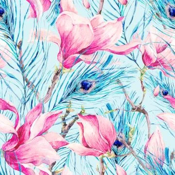 Seamless Pattern with Magnolia and Peacock Feather Stock Illustration