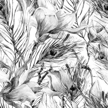 Seamless Pattern with Magnolia and Peacock Feather Stock Illustration
