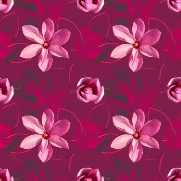 Seamless pattern with magnolia on a pink background. Floral romantic collage Stock Photos