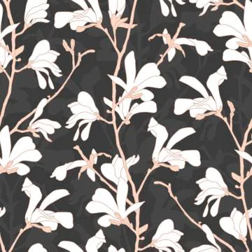 Seamless pattern with magnolia tree blossom. Floral background with branch and 스톡 일러스트