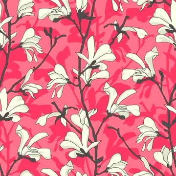 Seamless pattern with magnolia tree blossom. Pink floral background with branch Stock Illustration