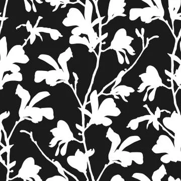 Seamless pattern with magnolia tree blossom in black and white. Floral Stock Illustration