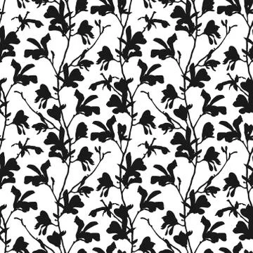 Seamless pattern with magnolia tree blossom in black and white. Floral 스톡 일러스트