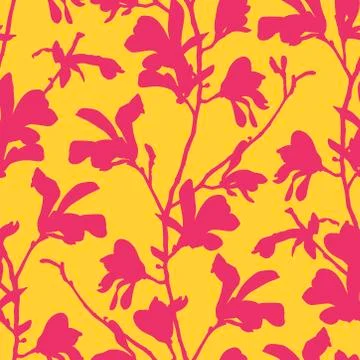 Seamless pattern with magnolia tree blossom. Yellow floral background with Stock Illustration