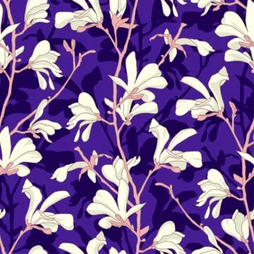 Seamless pattern with magnolia tree blossom. Purple floral background with br Stock Illustration