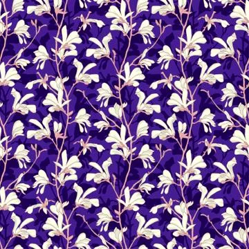 Seamless pattern with magnolia tree blossom. Purple floral background with br Stock Illustration
