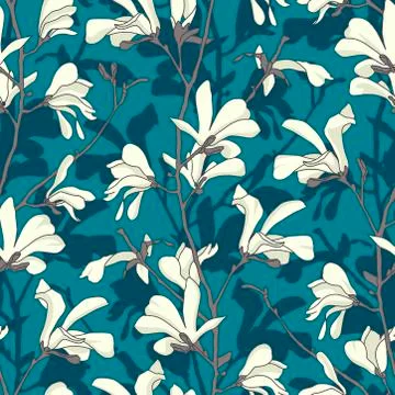 Seamless pattern with magnolia tree blossom. Green floral background with bra Stock Illustration