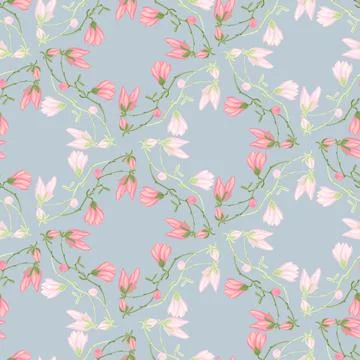 Seamless pattern Magnolias on light blue background. Beautiful ornament with  스톡 일러스트