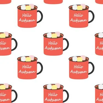 Seamless pattern of mags with lettering Hello autumn, drink and marshmallow in Illustrazione stock