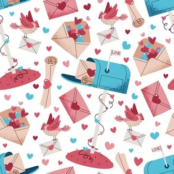 Seamless Pattern With Mailbox, Love Letters And Hearts In Flat Style. Vintage Stock Illustration