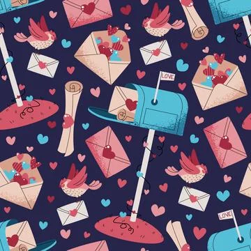 Seamless Pattern With Mailbox, Love Letters And Hearts In Flat Style. Vinta.. Stock Illustration