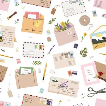 Seamless pattern of mails, envelopes, letters, postcards, postage stamps and  Stock Illustration