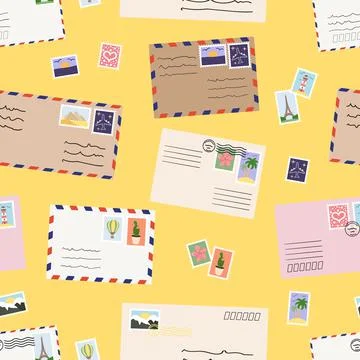 Seamless pattern of mails, envelopes, postage stamps. Concept of corresponden Stock Illustration