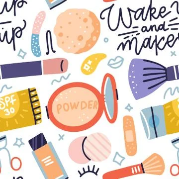 Seamless pattern with makeup tools, brushes, cream, powder and lettering - Wake Stock Illustration
