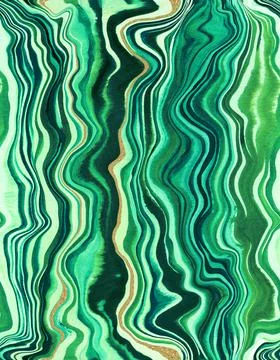 Seamless pattern malachite emerald green gold streaks watercolor Stock Illustration