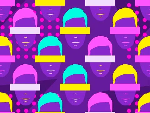Seamless pattern of male faces with elements of pop art style. Zine culture c Stock Illustration
