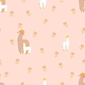 Seamless pattern with mama llama and baby girl llama with flowers on pink Stock Illustration