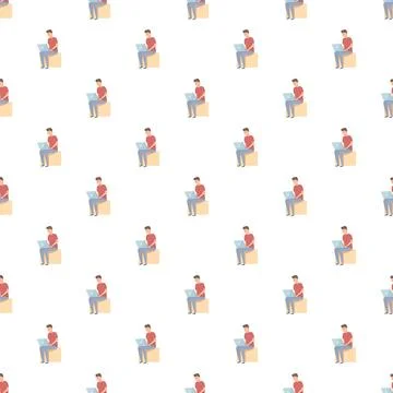 Seamless pattern with man using laptop working remotely 库存插图