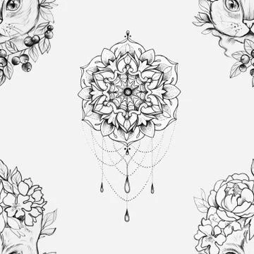 Seamless pattern mandala and cat in flowers on a white background. 스톡 일러스트