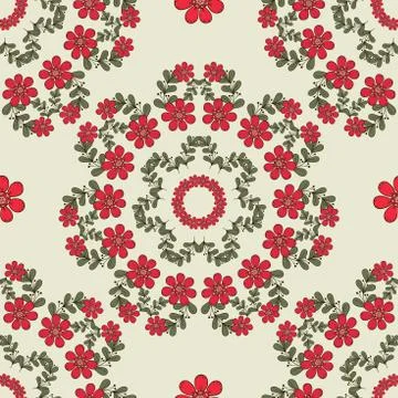 Seamless Pattern Mandala Red Flowers Stock Illustration