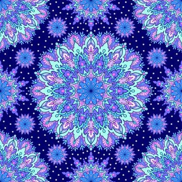 Seamless pattern with mandalas on a dark background. Vector Stock Illustration