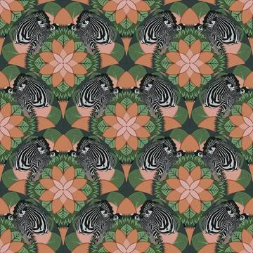 Seamless pattern of mandalas with zebra heads 库存插图