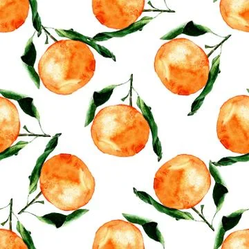 Seamless pattern Mandarin with leaves isolated on white background Watercolor Stock Illustration