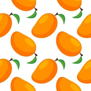 Seamless pattern with mango fruit with green leaf on white background in cartoon Illustrazione stock