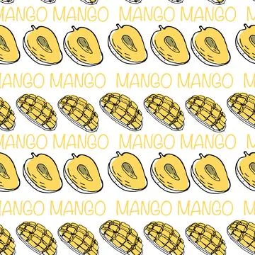 Seamless pattern with mango, sketch art with lettering Stock Illustration