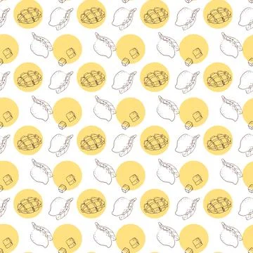 Seamless pattern with mango, tropical fruit background with round Stock Illustration