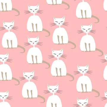 Seamless pattern. many drawn white color thick cats with eyes closed sphynx b Stock Illustration